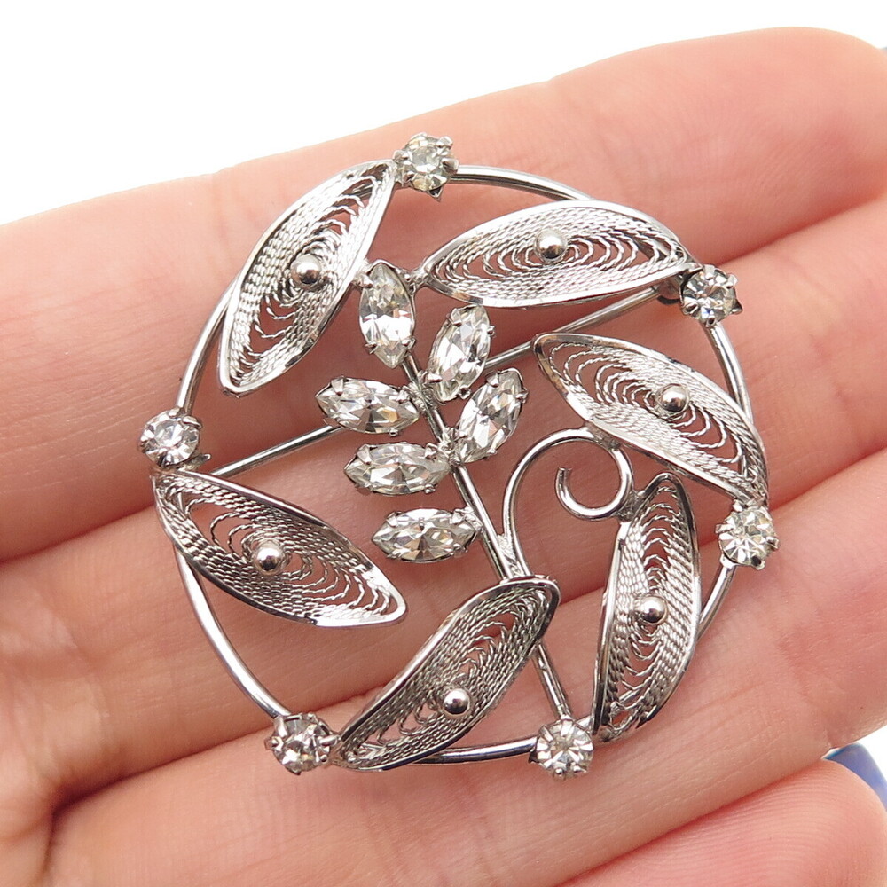 RO-MAN 925 Sterling Silver Vintage Rhinestone Floral Filigree Pin Brooch